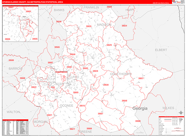 Athens-Clarke County Metro Area Wall Map Red Line Style